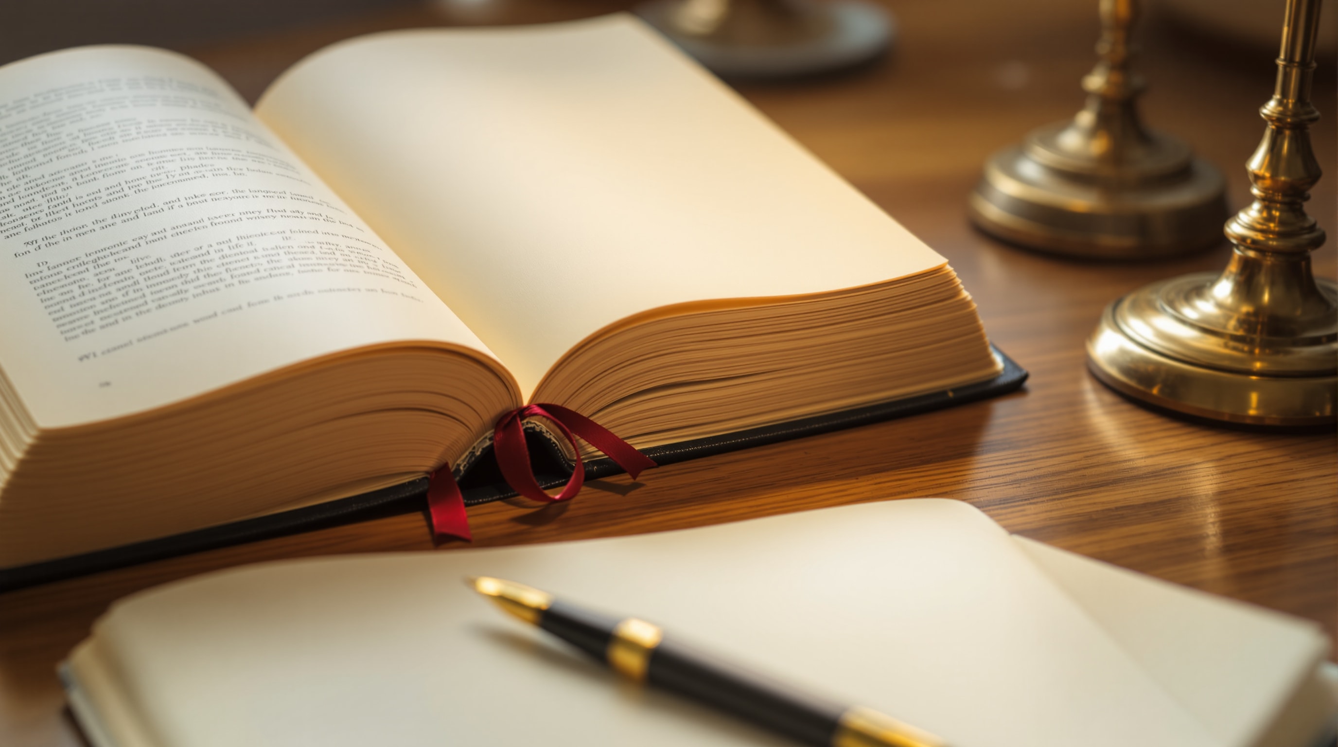 Open reference books and a fountain pen on a reading desk in warm daylight