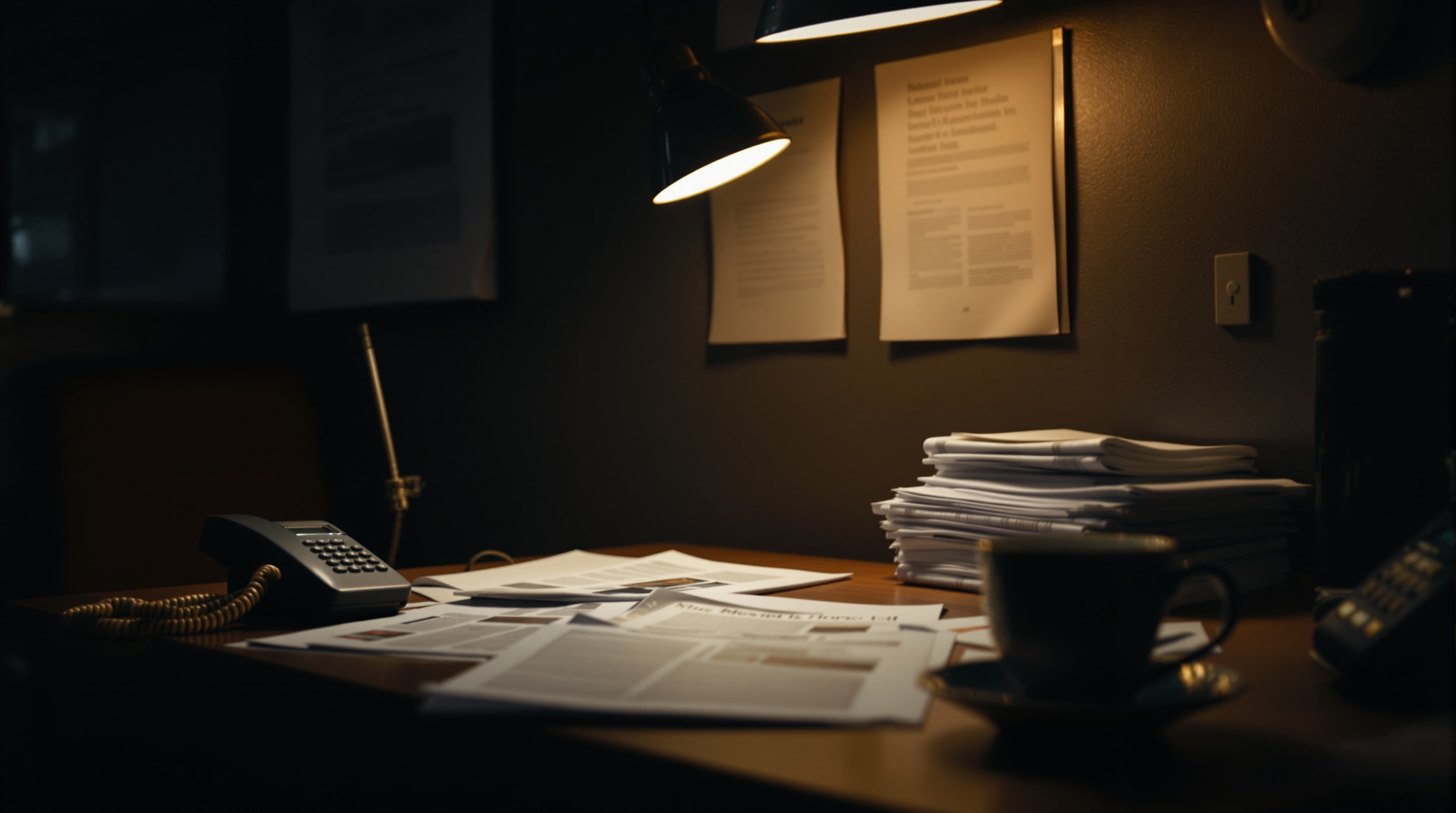 A newsroom desk at night with a printed wire copy stack under a lamp