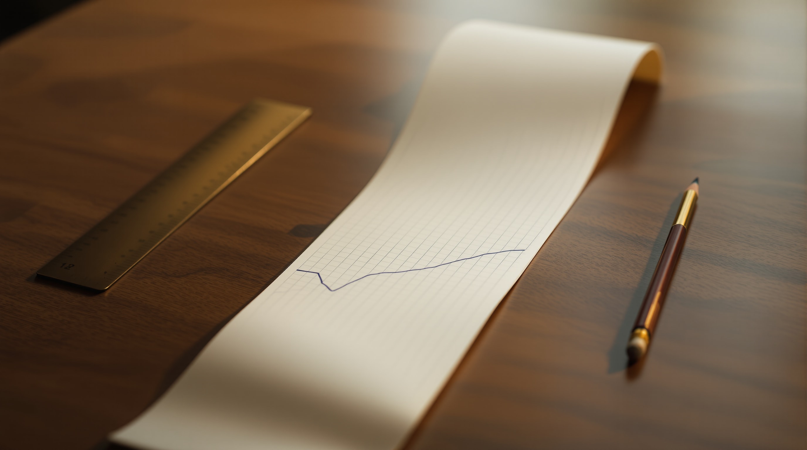 A long strip of printed line chart curling across a wooden desk