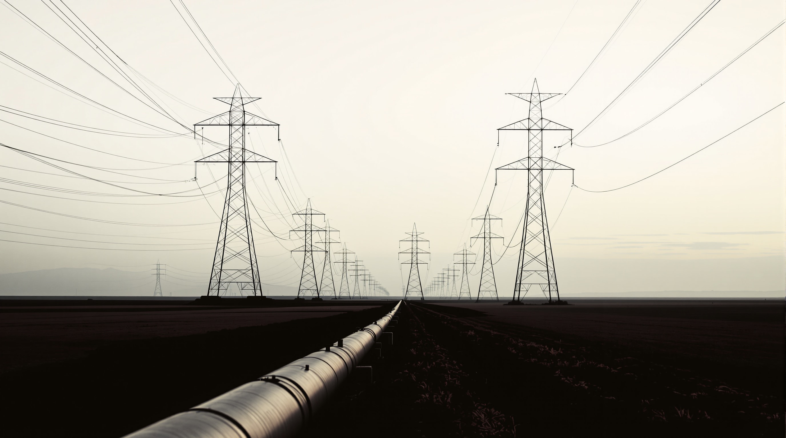 Silhouette of transmission pylons and a pipeline against a pale dawn sky