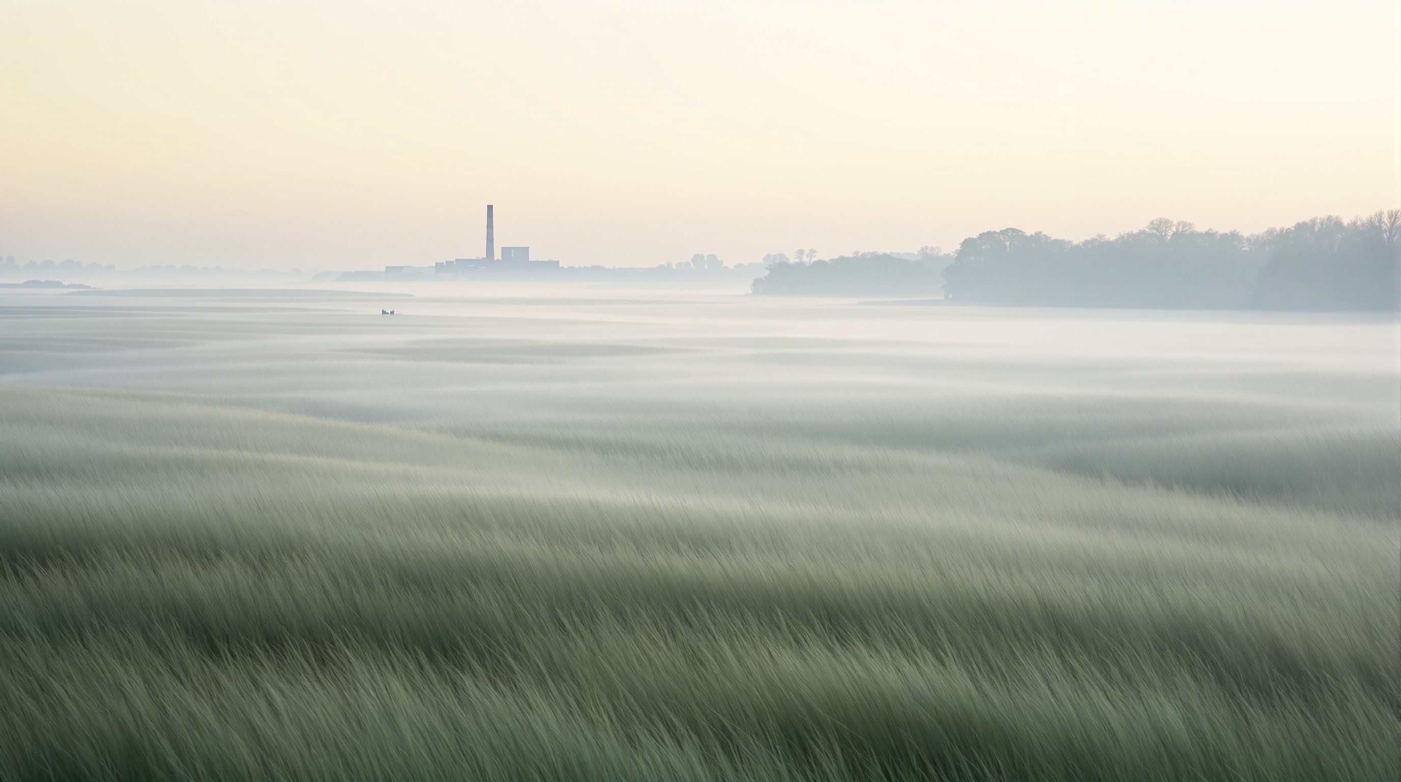 Morning mist over a river valley with a distant industrial chimney on the horizon