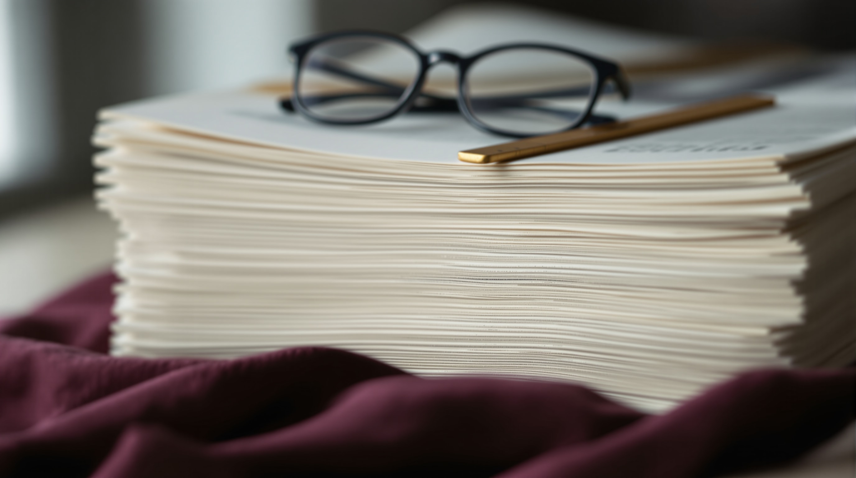 The cut edges of a squared stack of newsprint with reading glasses and a brass rule resting on top