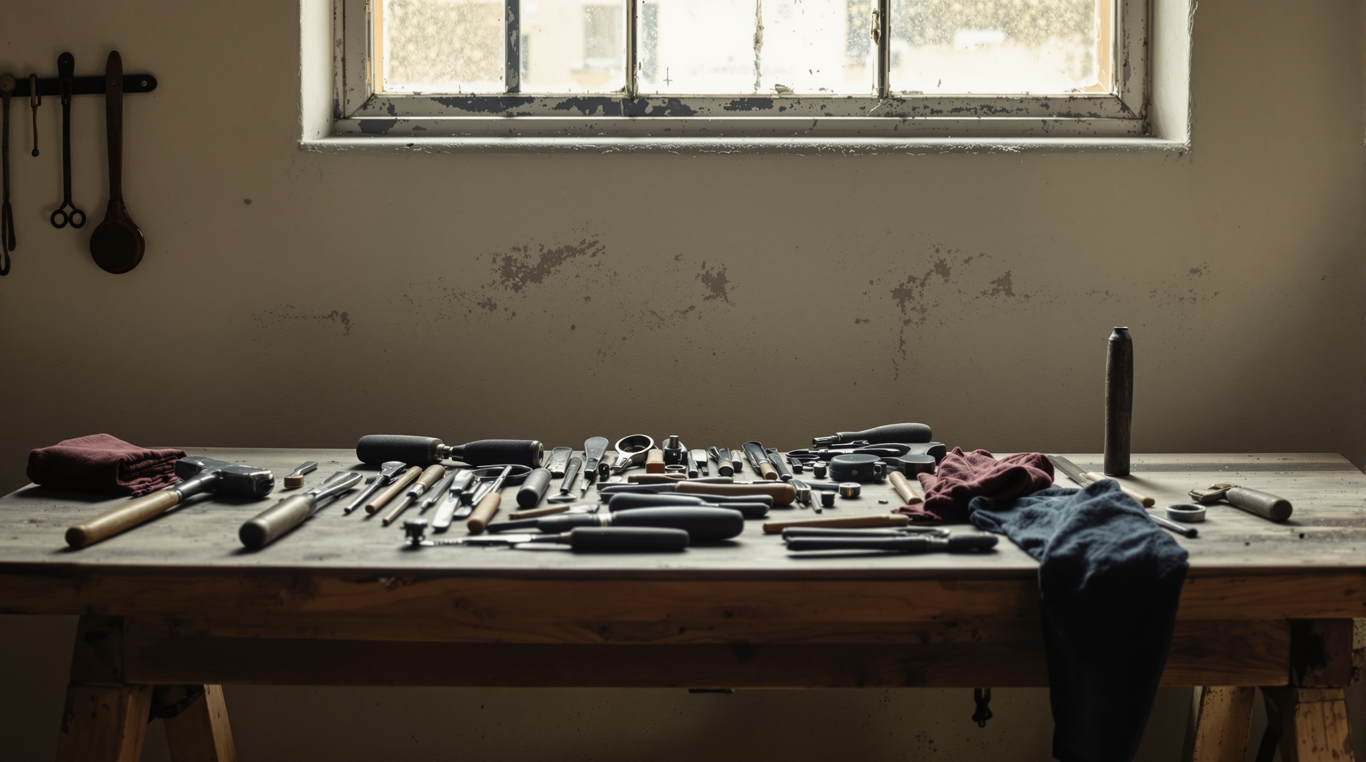 Empty workshop bench with hand tools arranged in the morning light