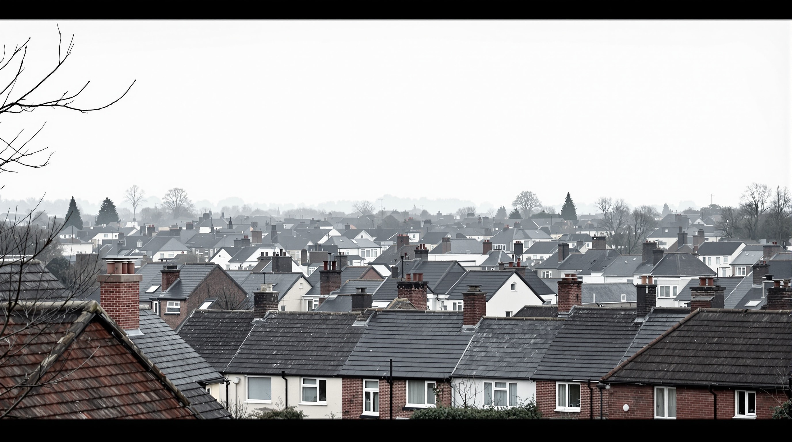 Rows of suburban rooftops photographed from a distance in flat morning light