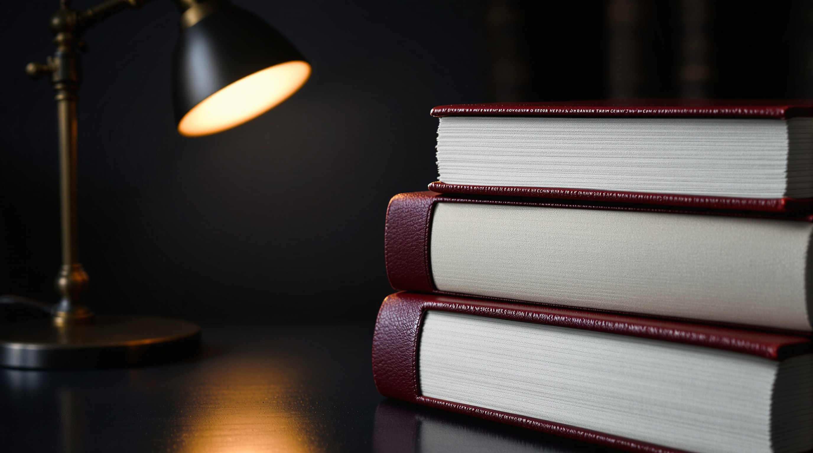 Four stacked bound reports on a library table