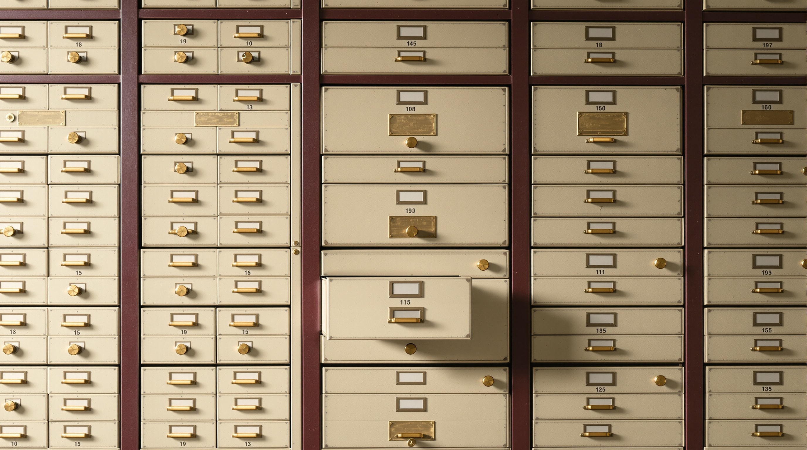 A wall of numbered card index drawers in an archive room