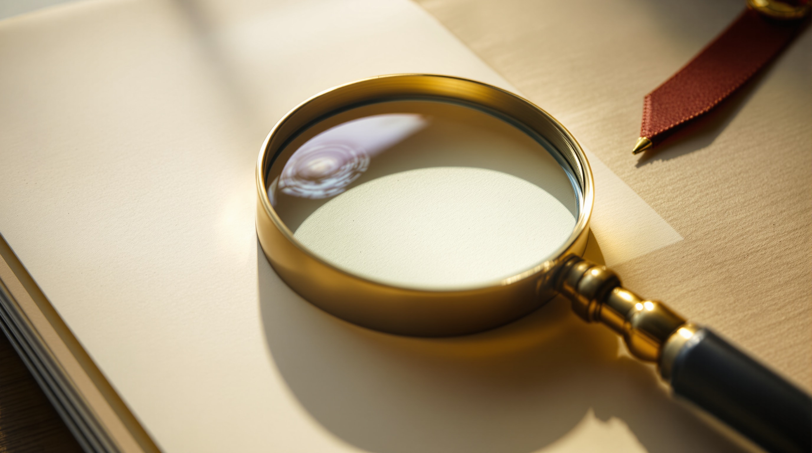A brass magnifying glass resting on a blank sheet of cream paper, focusing a disc of sunlight