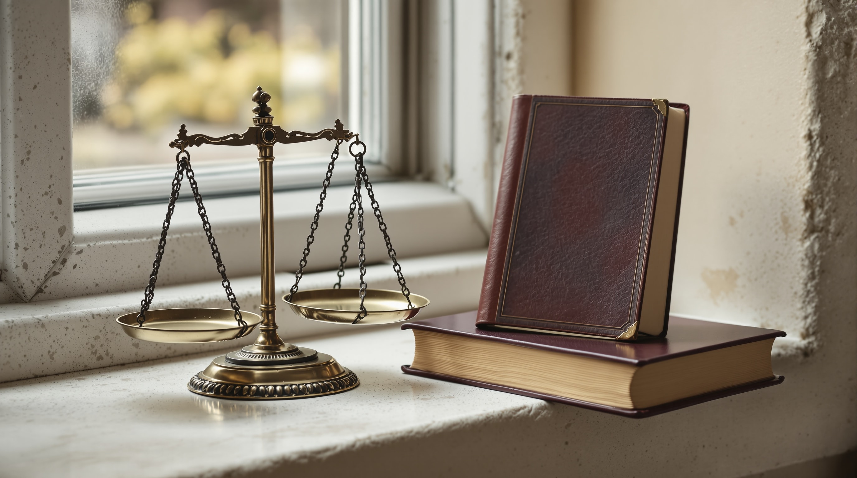 Brass balance scales and a ledger book on a stone windowsill