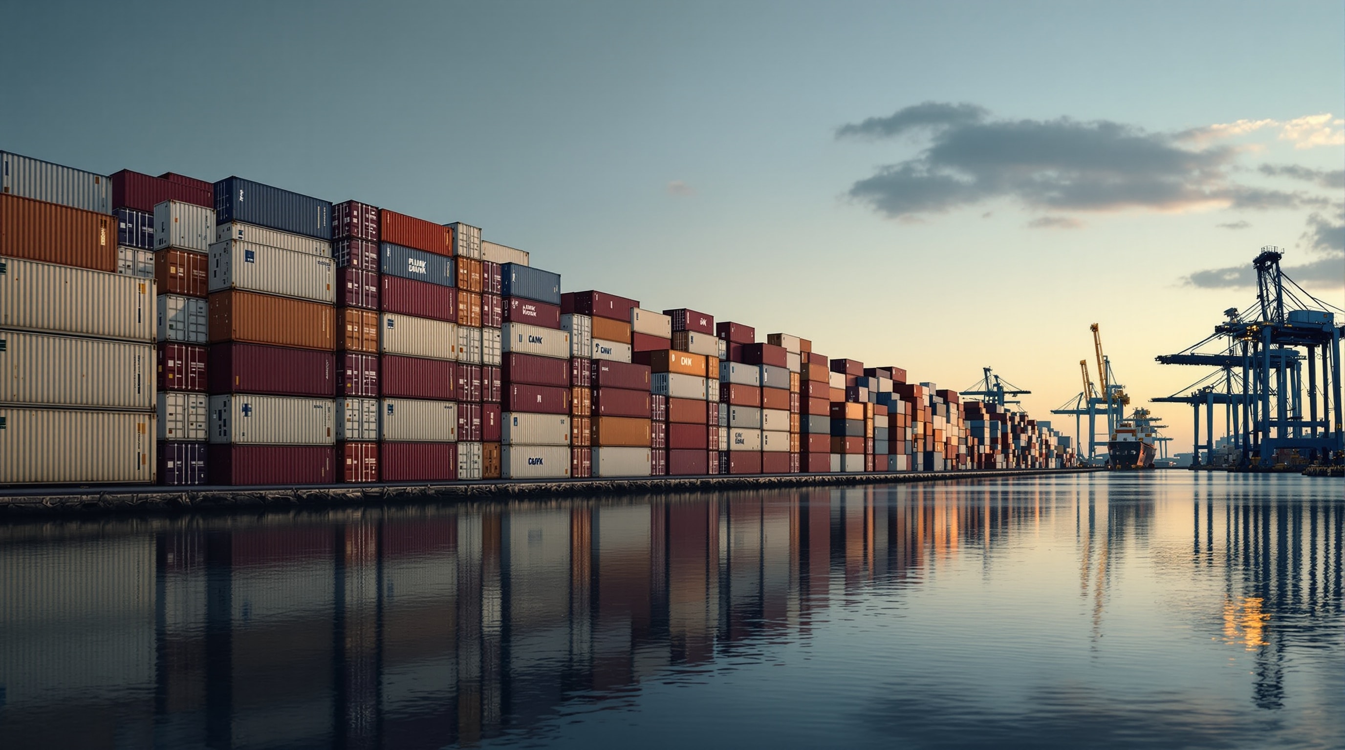 Stacked shipping containers at a quiet port terminal at dusk